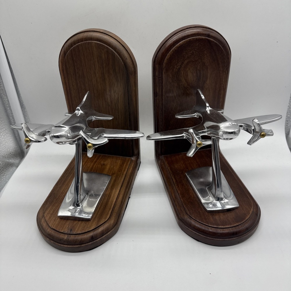 Pier One Airplane Bookends Retro Twin Propellers Vintage Chrome Black Wood